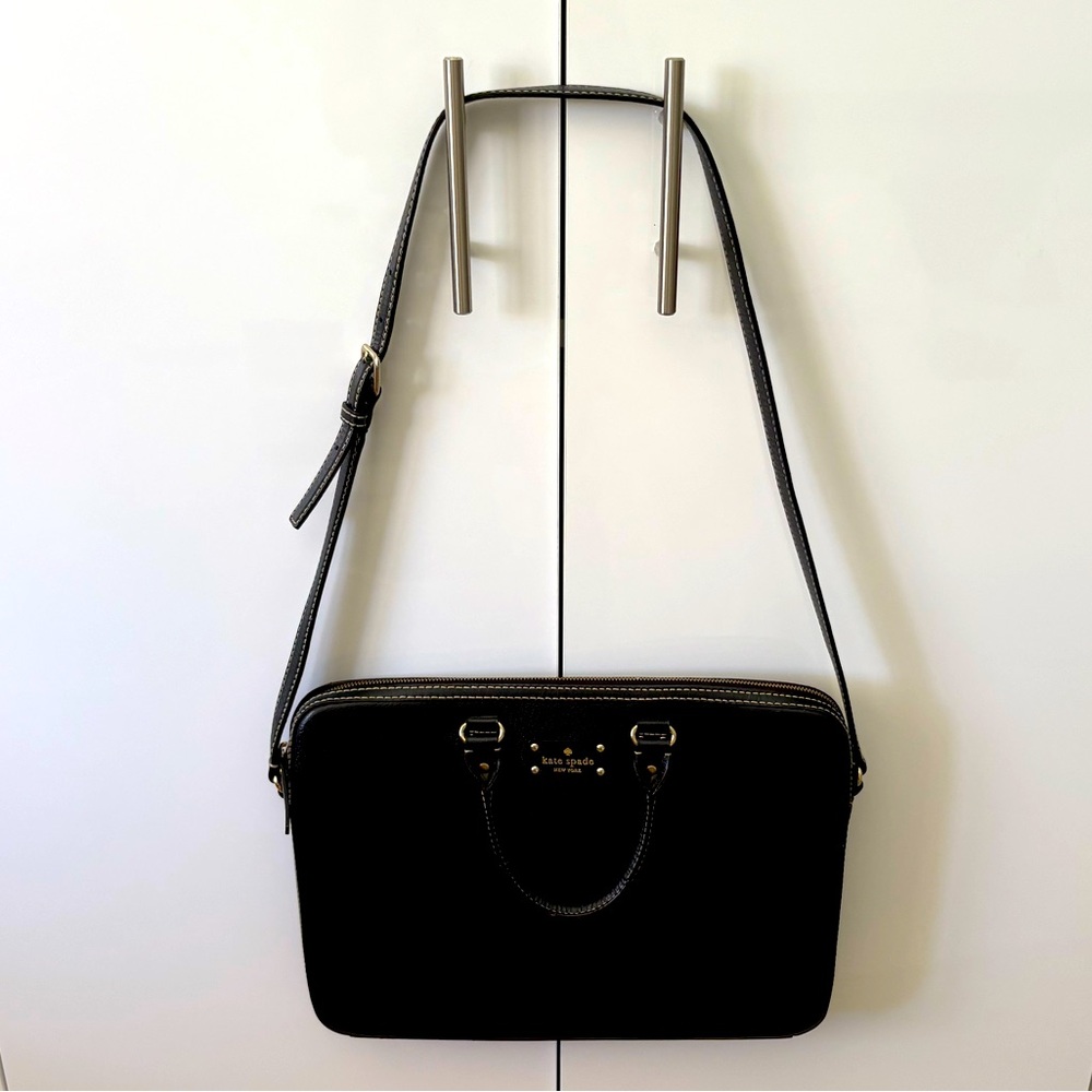 Kate Spade black leather laptop briefcase with a long strap. - Picture 2 of 4